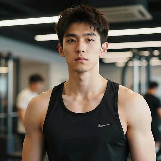 Photograph of an East Asian male gym-goer with short black hair, wearing a black Nike tank top, focused expression, in a brightly lit gym