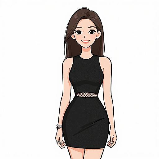 Digital anime-style drawing of a smiling young woman with long brown hair, wearing a black sleeveless dress with a mesh waistband.