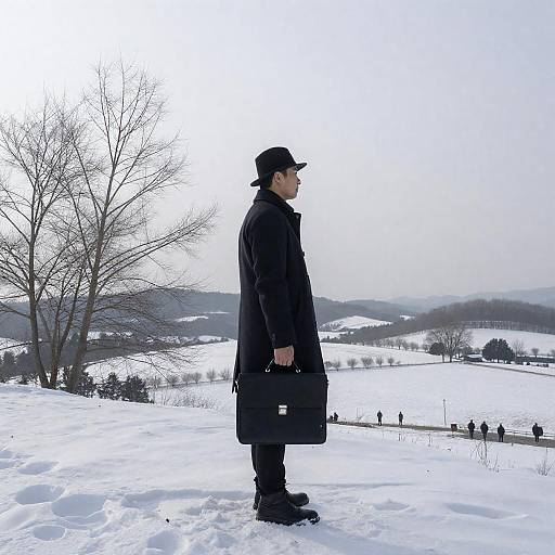 Man in dark coat and hat standing in snowy landscape