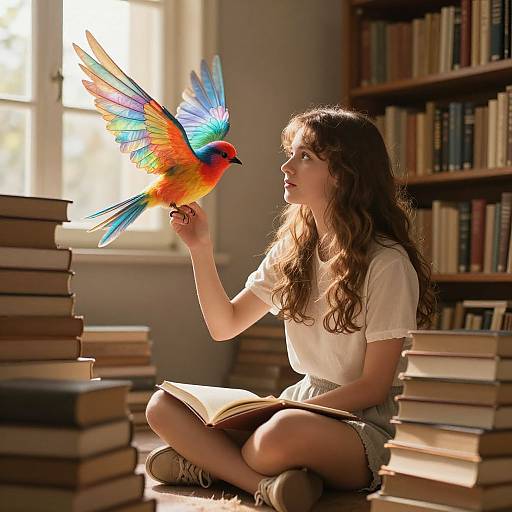 Photograph of a young woman with long brown hair, wearing a white t-shirt and beige shorts, sitting among stacked books, feeding a colorful rainbow lor