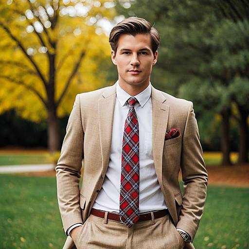 Handsome Man in Tan Suit with Red Plaid Tie Outdoors