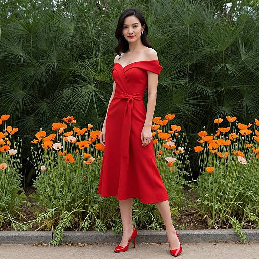 Photograph of an Asian woman with long black hair, wearing an off-shoulder red dress and matching red heels, standing in front of vibrant orange