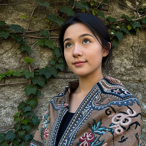 Photograph of an Asian woman with fair skin, black hair, wearing a patterned brown jacket, standing against a textured stone wall with ivy.