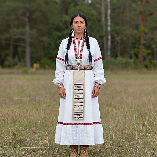 Photograph of an Asian woman with black braids wearing a white traditional dress with red and beige patterns, standing in a grassy field with a forest