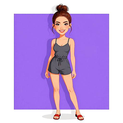 Digital illustration of a smiling woman with fair skin, brown hair in a bun, wearing a black romper and red sandals, standing against a purple background