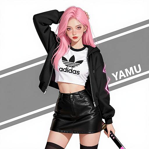 Pink-Haired Woman with Katana Digital Illustration