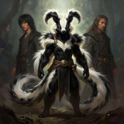 Digital fantasy artwork: Black-and-white skunk-like humanoid with glowing horns, flanked by two serious, bearded men in dark robes, forest background
