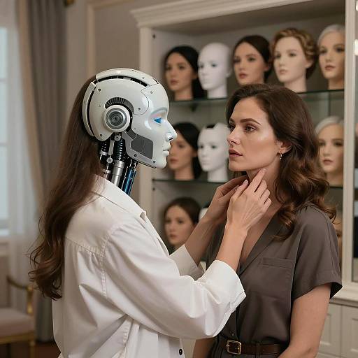 Robot Changing Face in Elegant Woman's Room