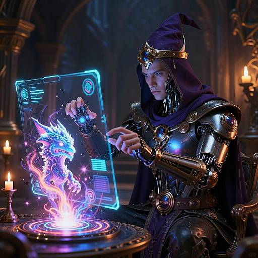 Digital art of a futuristic wizard in metallic armor, casting a blue and purple magical flame from a glowing tablet in a dimly lit, candle-lit