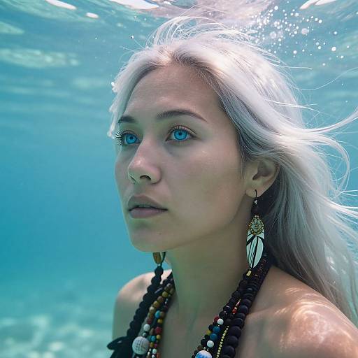 Photograph of a fair-skinned woman with silver hair, blue eyes, wearing black beaded necklace and feather earrings, underwater with sunlight filtering through clear