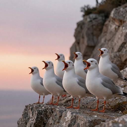 Seagulls at Sunset on Rocky Cliff