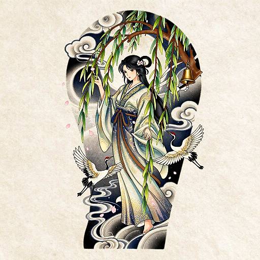 Digital illustration of a Japanese woman in a flowing kimono, standing under a willow tree with birds, surrounded by clouds.