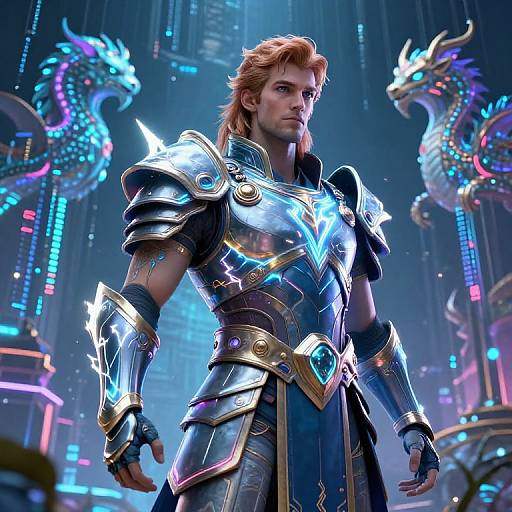 Digital art of a muscular, blonde warrior in shiny, blue and gold armor with glowing accents, standing in a futuristic city with neon-lit, dragon