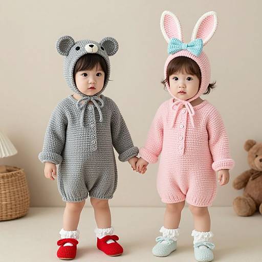 Photograph of two Asian infants holding hands, wearing knitted animal hooded rompers; left in gray with bear ears, right in pink with bunny