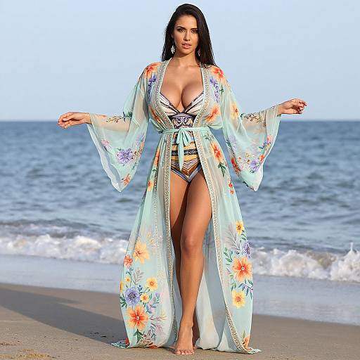 Photograph of a curvy woman with long dark hair, wearing a floral kimono and lace lingerie, standing on a beach with ocean waves in the