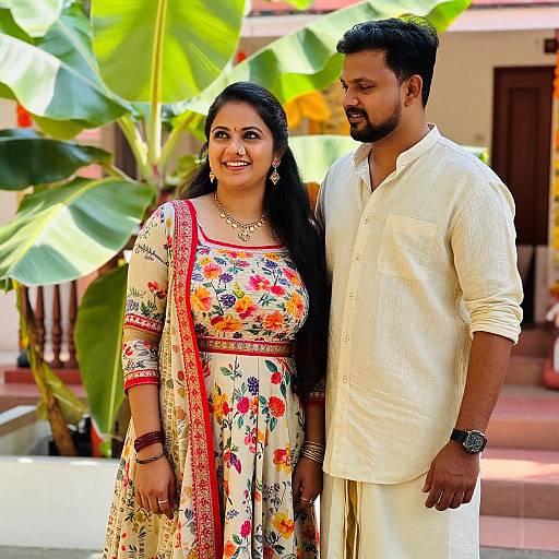 Photograph of a smiling Indian couple; woman in colorful floral saree, man in white kurta, standing outdoors with large banana leaves in background.