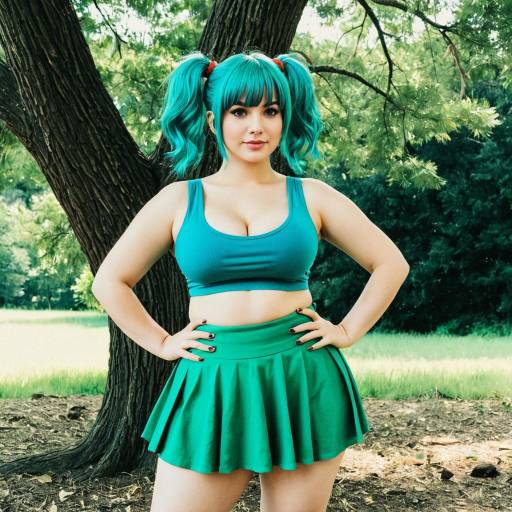 Plus Size Woman in Aqua Hair Twintails Cosplay Outdoors