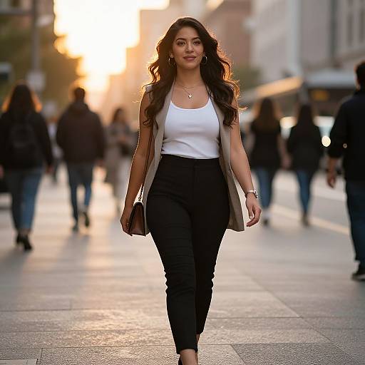 Photograph of a confident woman with long dark hair, wearing a white tank top, black pants, and olive vest, walking down a sunlit urban