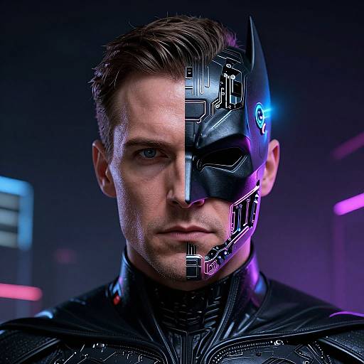 Photorealistic CGI of a serious, blue-eyed man with half-black, half-tech mask, neon lights, and black leather suit, set against a