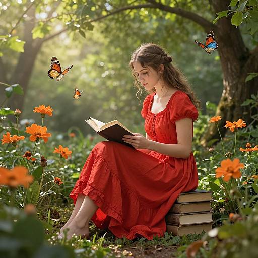 Photograph: Young woman with curly brown hair, wearing red dress, sitting on books, reading in sunlit forest, surrounded by orange flowers, butterflies