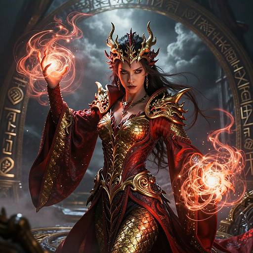 Digital fantasy artwork of a dark-haired, horned, fiery-eyed queen in ornate gold and red armor, conjuring flames with both hands.