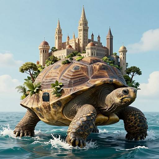 Gigantic Tortoise with Medieval City on Shell