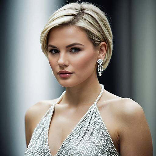 Elegant Blonde in Silver Pearl Dress