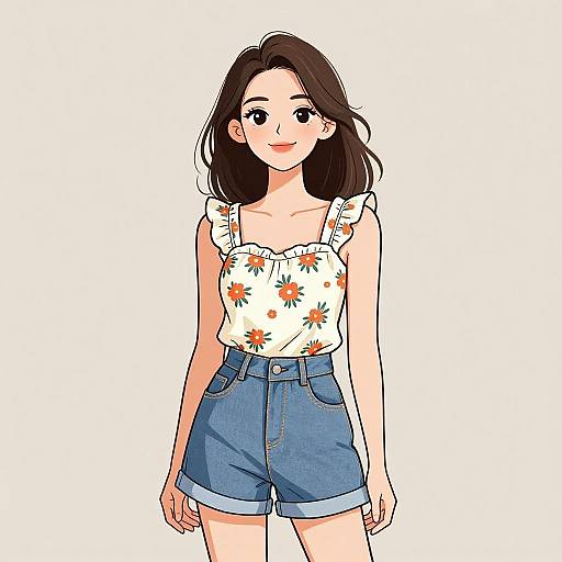 Digital anime-style drawing of a smiling young woman with fair skin, shoulder-length dark brown hair, wearing a white floral tank top and blue denim shorts.