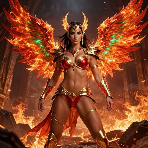 Digital art of a fierce, dark-skinned, winged warrior with fiery orange wings, red armor, and gold accents, standing amidst flames in a
