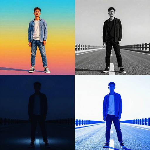 Photographic collage of a young man in four contrasting images: colorful gradient, black-and-white road, dark silhouette, and blue-lit background.