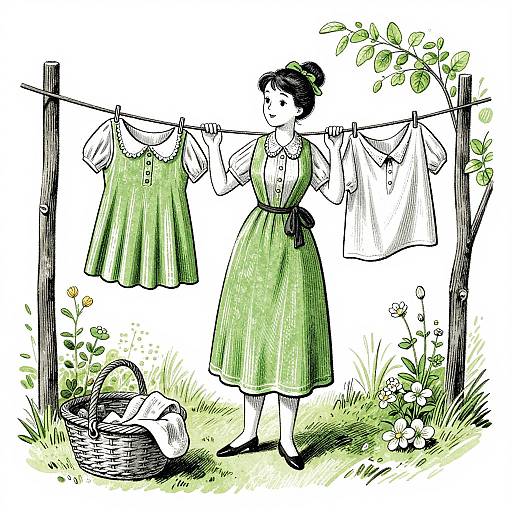 Illustration of a woman in a green dress hanging laundry on a line, with a basket of clothes on grass.