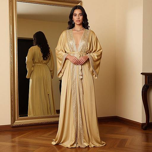 Photograph of a woman with long black hair in a gold, sparkly, V-neck robe, standing in front of a large mirror, wooden floor