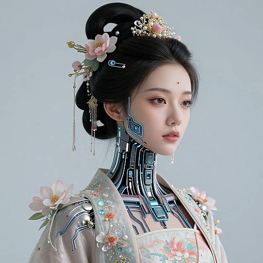 Digital art of an East Asian woman with futuristic cybernetic neck, floral hair accessories, and traditional kimono, set against a light blue background.