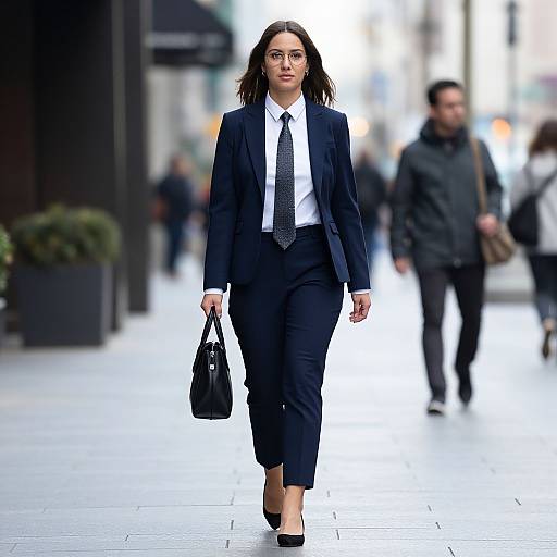 Photograph of a focused, dark-haired woman in a black blazer, white shirt, and black pants, walking confidently on a city street, holding