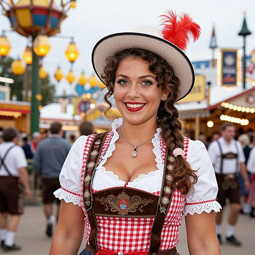 Photograph of a smiling woman with curly brown hair, wearing a red-checkered dirndl, white blouse, black hat with red feather, in a