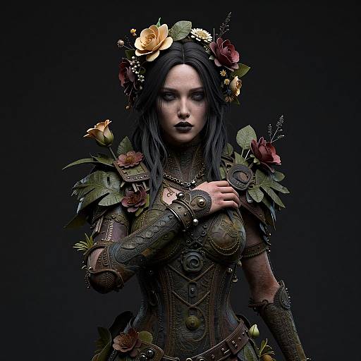 Digital fantasy artwork of a pale-skinned woman with dark hair, wearing floral headpiece, detailed brown armor, and dark makeup, against a black background