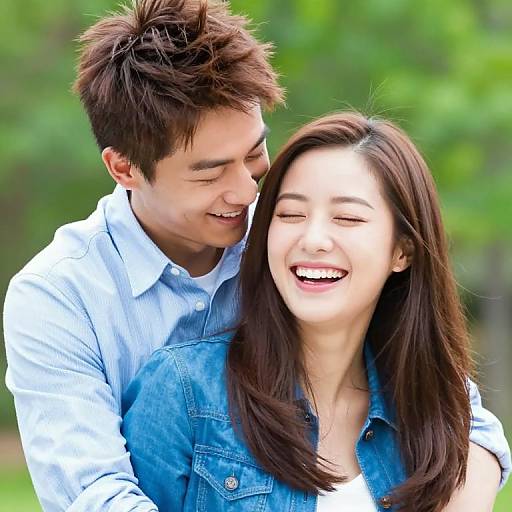 Photograph of a smiling Asian couple; the man with brown spiky hair, blue shirt, and the woman with long brown hair, denim jacket,