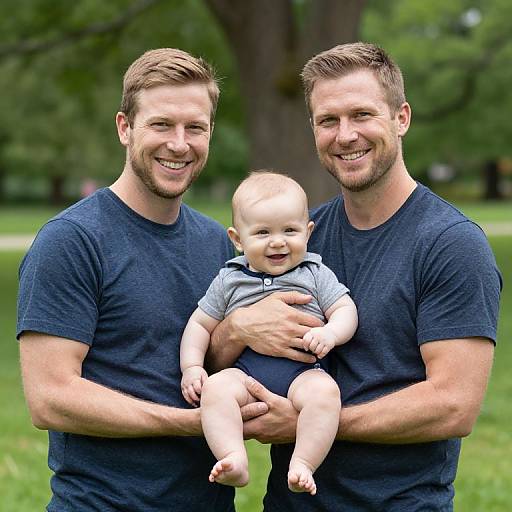 Photograph of two smiling, bearded Caucasian men in navy blue t-shirts, holding a happy, bald baby with light hair in the center, standing