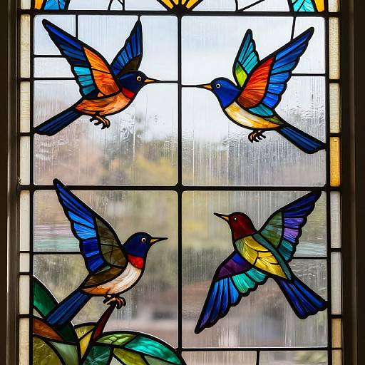 Stained glass window depicting colorful birds with vibrant blue, orange, green, and yellow feathers, flying in an outdoor setting.