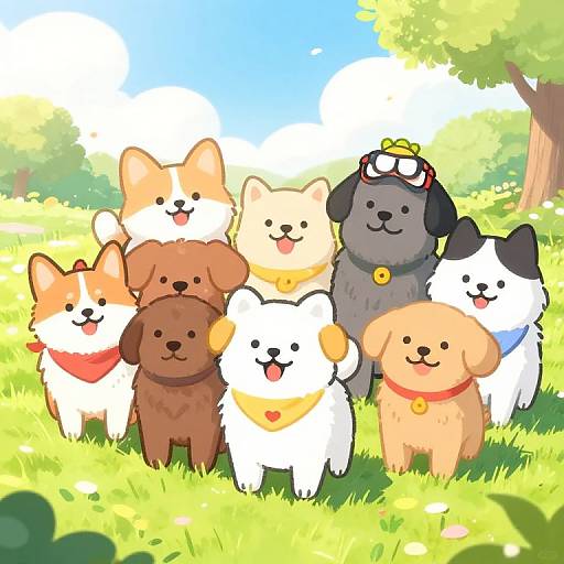 Cute digital illustration of seven adorable cartoon dogs with varied fur colors and collars, standing in a sunny, grassy park.