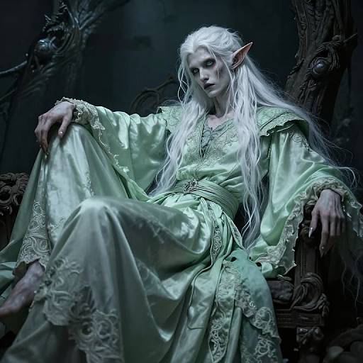 Photorealistic digital artwork of a pale, white-haired elf with pointed ears, wearing a green, lace-trimmed robe, sitting on a dark