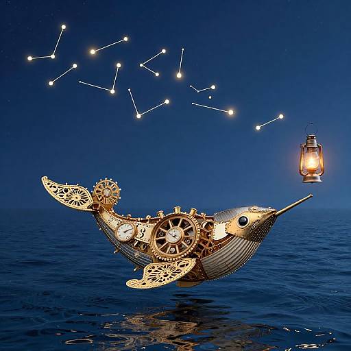Photograph of a steampunk-style fish boat with gears, constellation map in night sky, and glowing lantern over calm blue sea.