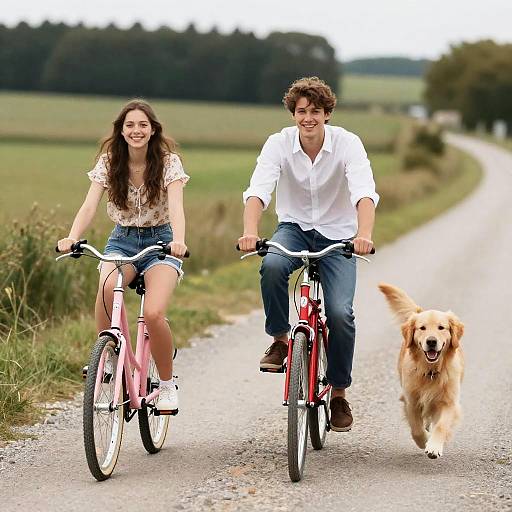 Joyful Couple with Dog on Country Road