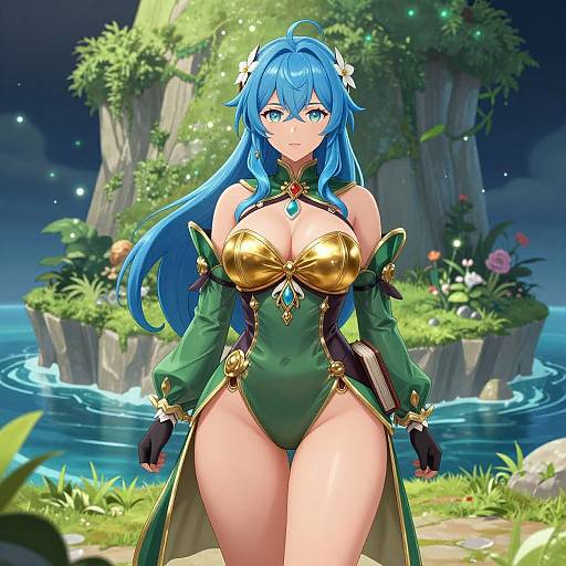 Anime Wizard Woman with Blue Hair and Green Outfit