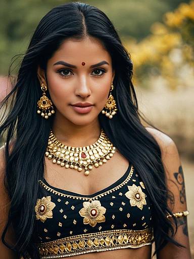 Woman in Golden Embroidered Choli Outdoors