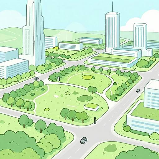 Colorful digital illustration of a modern cityscape with tall skyscrapers, green parks, trees, roads, and a few cars. Bright, sunny
