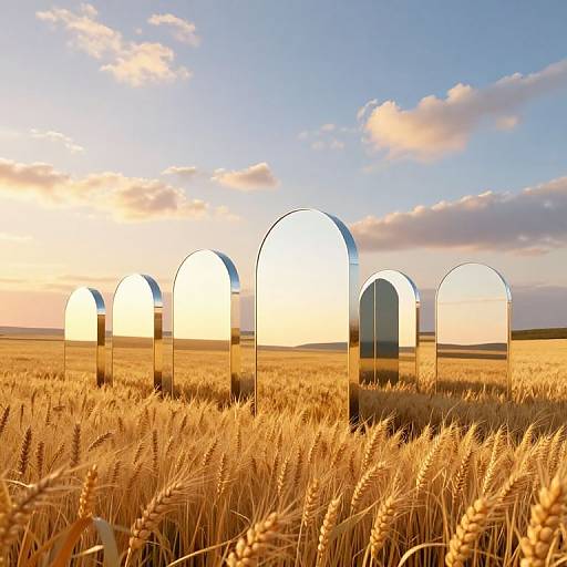 Photograph of a golden wheat field at sunset, featuring five mirrored arches reflecting the sky and clouds, creating a surreal effect.