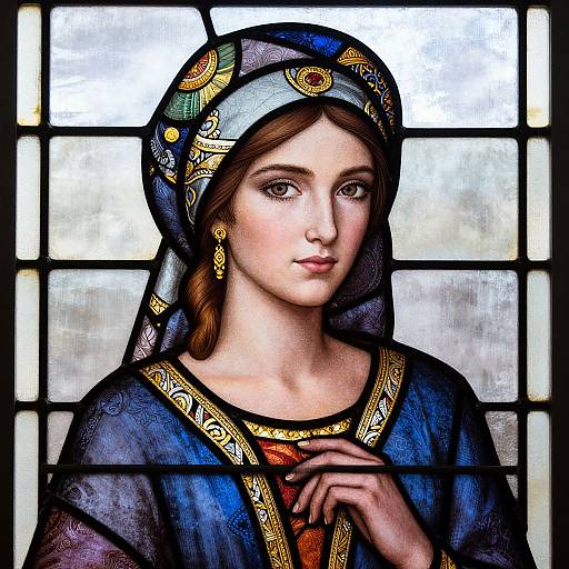 Stained glass artwork of a serene young woman with fair skin, brown eyes, and brown hair, wearing a blue and gold-patterned headscarf