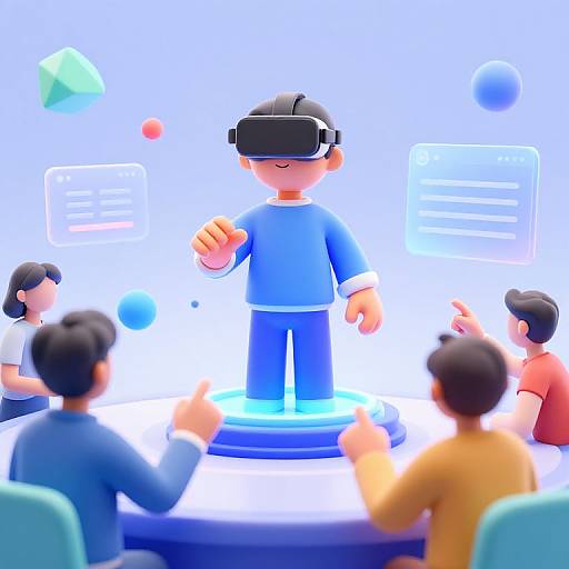CGI image of a blue-cloaked boy in VR headset, standing on glowing platform, surrounded by four seated, diverse attendees.