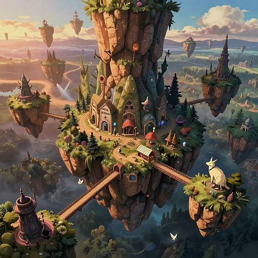 Fantastical digital artwork of floating cliff-top houses with whimsical architecture, lush greenery, tiny bridges, and a white goat, set in a